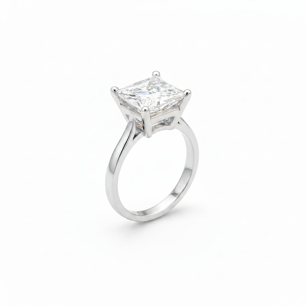 4.15 ct DEW White Moissanite Princess Solitaire Ring - 18K Gold Vermeil on 925 Sterling Silver