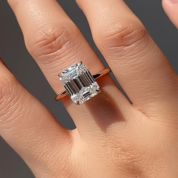 4.15 ct DEW White Moissanite Emerald Solitaire Ring - 18K Gold Vermeil on 925 Sterling Silver