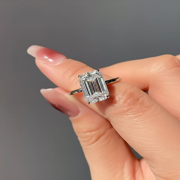 4.15 ct DEW White Moissanite Emerald Solitaire Ring - 18K Gold Vermeil on 925 Sterling Silver