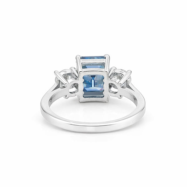 Close-up of cushion cut fancy blue lab diamond, VS1 clarity, full crown view