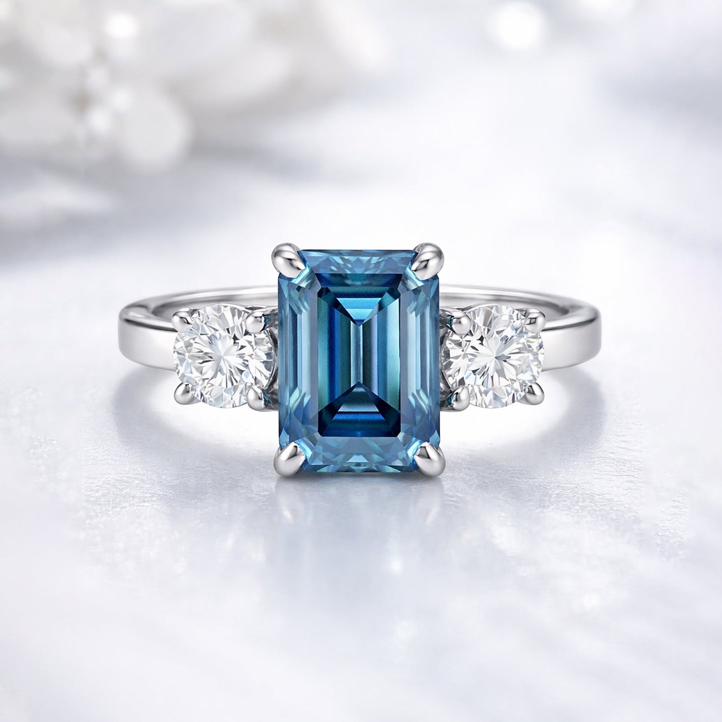 Top view of blue cushion lab diamond showing soft square shape and ocean hue