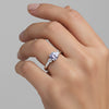 Side profile of 2.6ct blue emerald diamond ring on gold vermeil east-west prongs