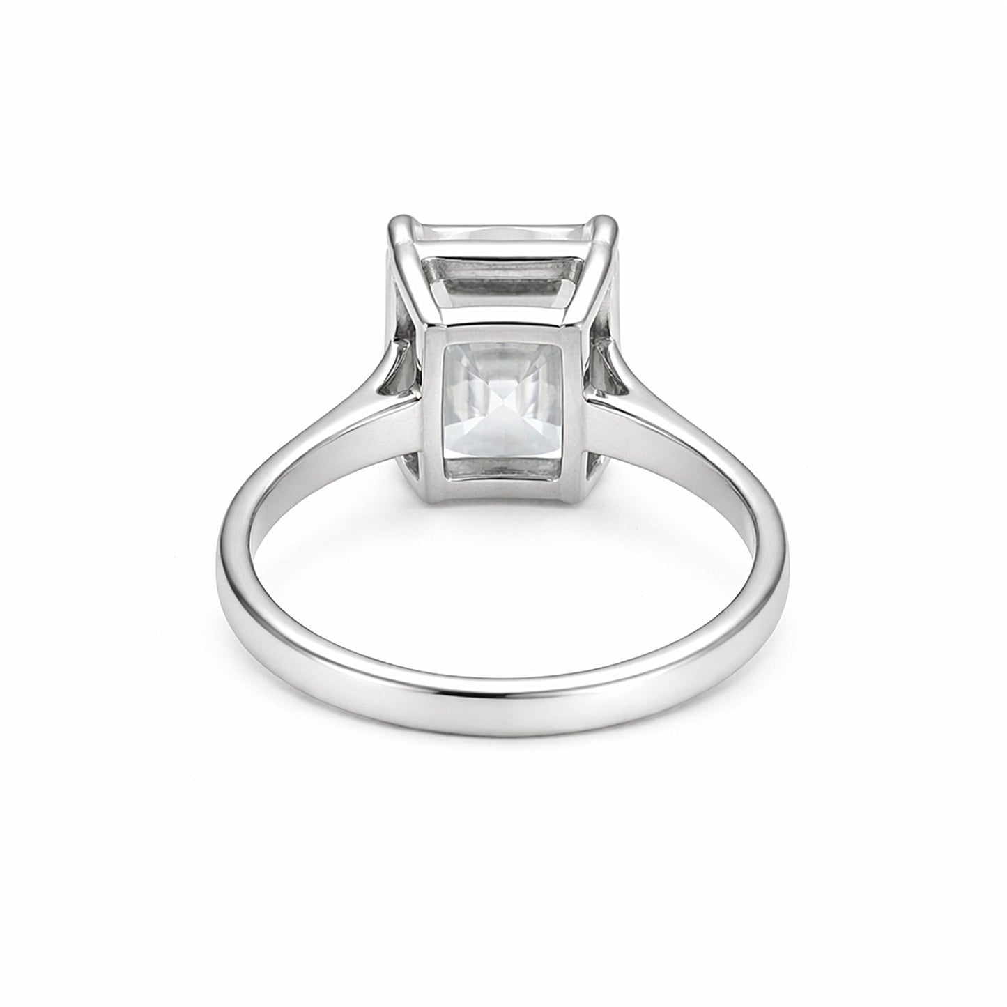 Close-up of emerald step cut lab diamond, VS1 clarity grade, full crown view