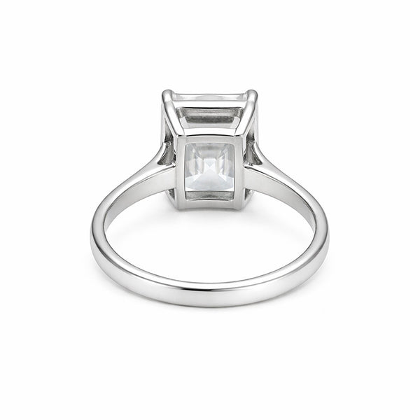 Close-up of emerald step cut lab diamond, VS1 clarity grade, full crown view
