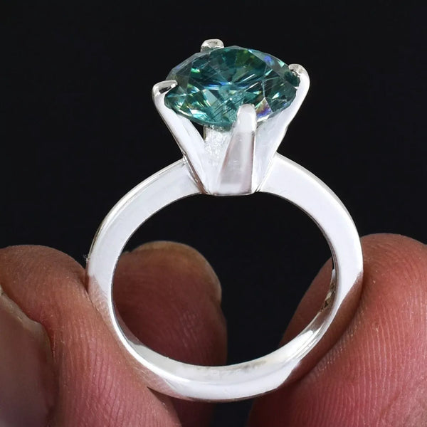 Certified 2.80 ct DEW Round Cut Blue Solitaire Moissanite Ring In Gold Vermeil