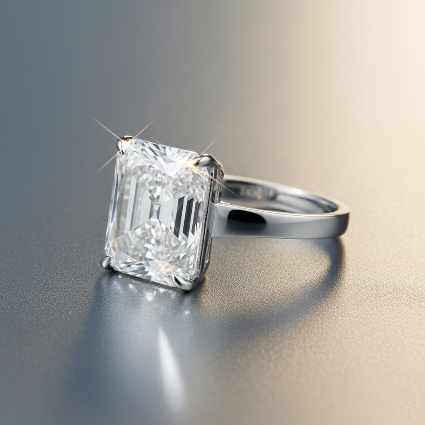 10.0 Ct White Moissanite Emerald Solitaire Ring - 925 Sterling Silver Gold Vermeil