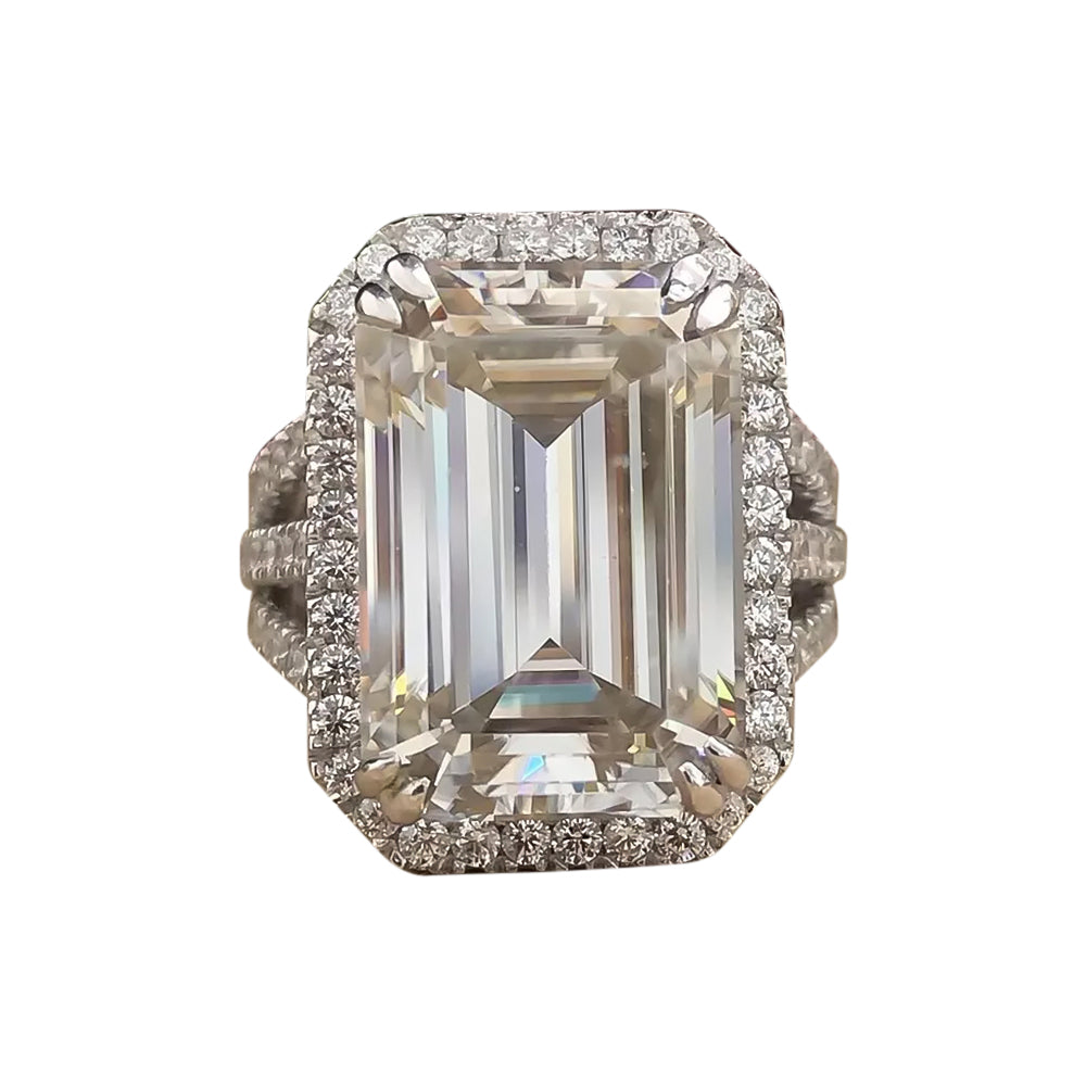 16.9 Ct White Moissanite Emerald Solitaire Ring - 925 Sterling Silver Gold Vermeil