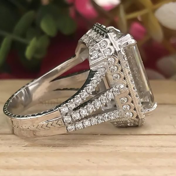 16.9 Ct White Moissanite Emerald Solitaire Ring - 925 Sterling Silver Gold Vermeil