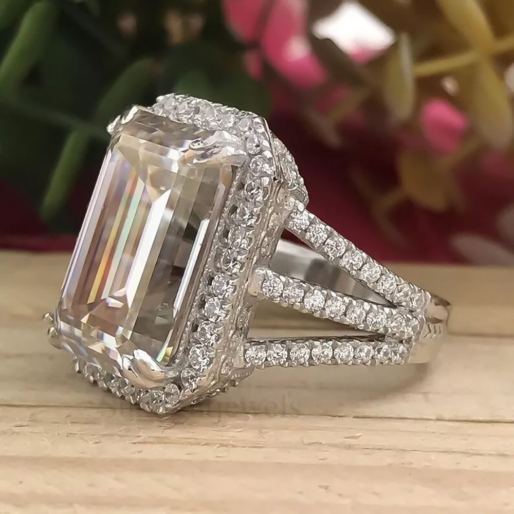 16.9 Ct White Moissanite Emerald Solitaire Ring - 925 Sterling Silver Gold Vermeil