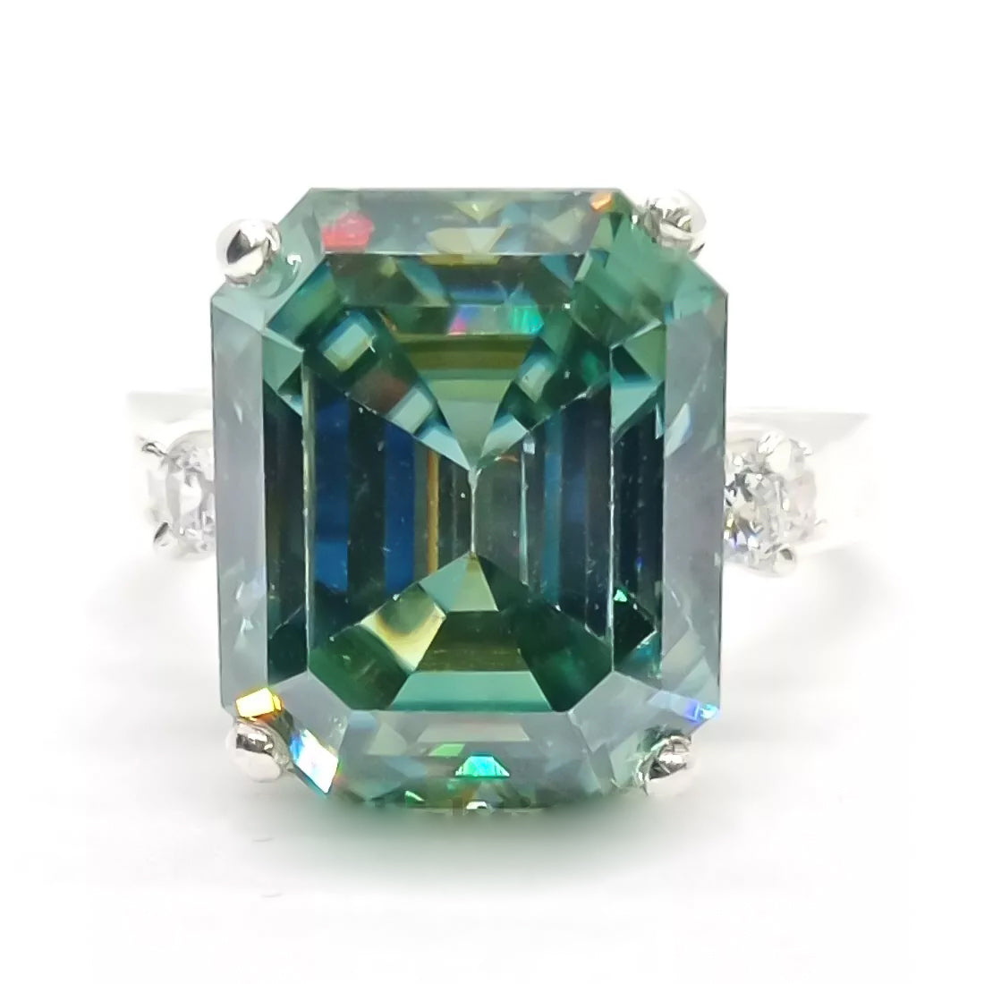 7.8 ct DEW Blue Moissanite Emerald Solitaire Ring - 18K Gold Vermeil on 925 Sterling Silver