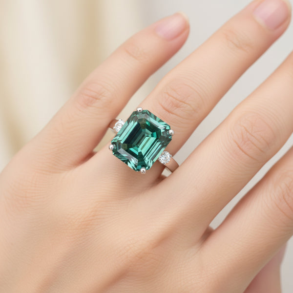 7.8 ct DEW Blue Moissanite Emerald Solitaire Ring - 18K Gold Vermeil on 925 Sterling Silver