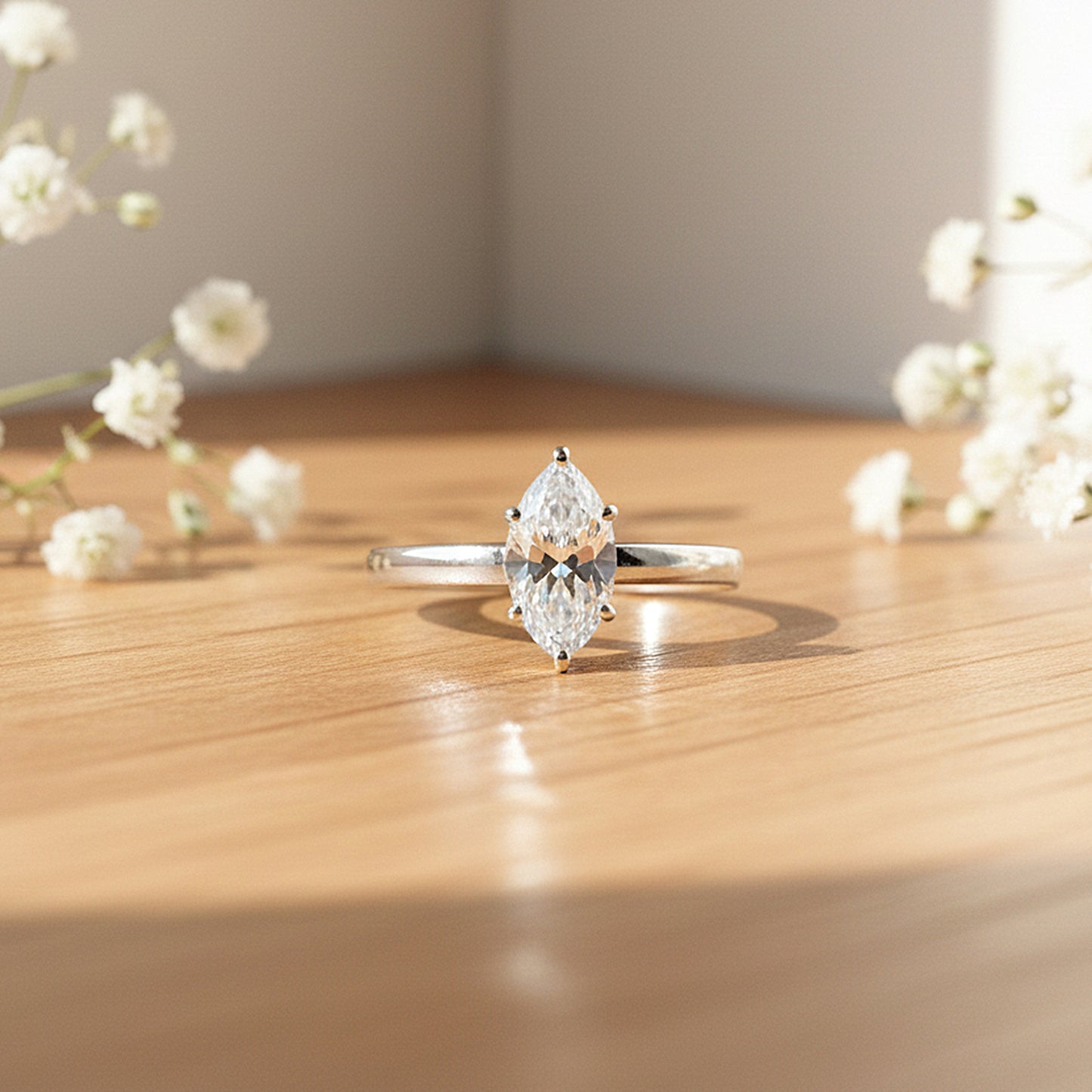 1.50 ct DEW Certified Marquise Cut White Moissanite Ring In 18K Gold Plated