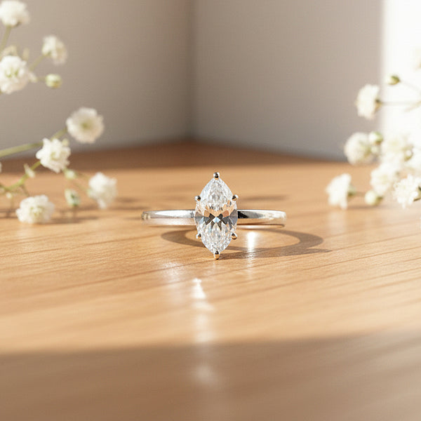1.50 ct DEW Certified Marquise Cut White Moissanite Ring In 18K Gold Plated