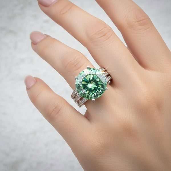 10.5 ct DEW Blue Moissanite Round Solitaire Ring - 18K Gold Vermeil on 925 Sterling Silver