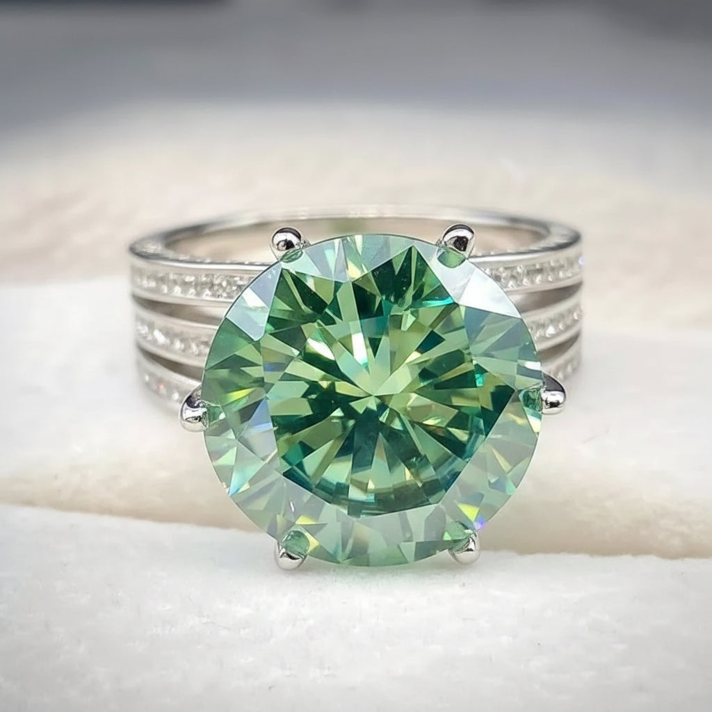 10.5 ct DEW Blue Moissanite Round Solitaire Ring - 18K Gold Vermeil on 925 Sterling Silver