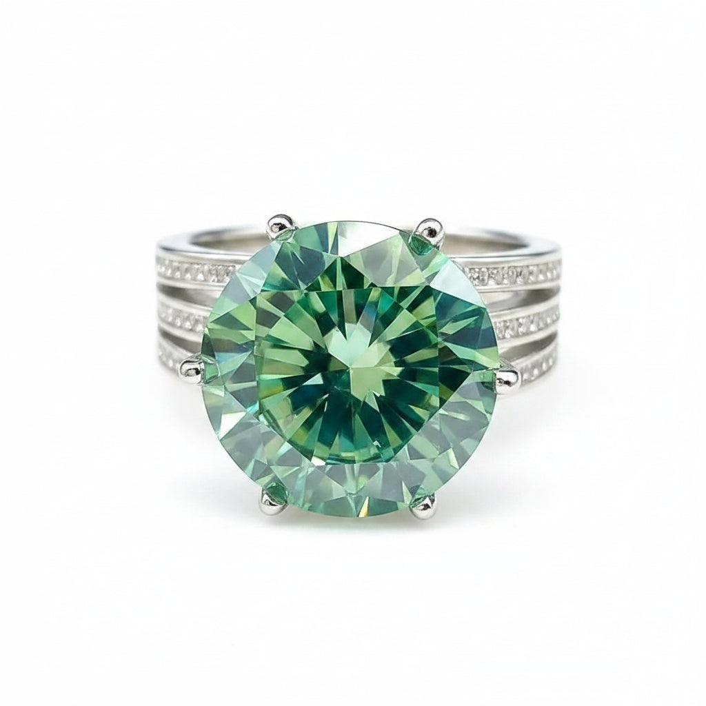 10.5 ct DEW Blue Moissanite Round Solitaire Ring - 18K Gold Vermeil on 925 Sterling Silver