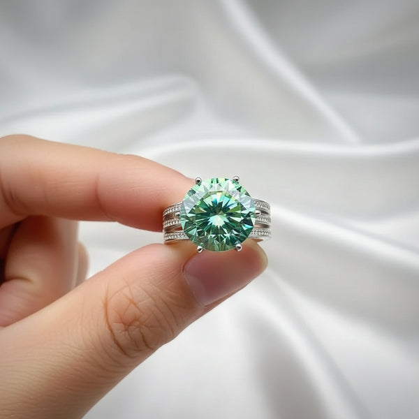 10.5 ct DEW Blue Moissanite Round Solitaire Ring - 18K Gold Vermeil on 925 Sterling Silver