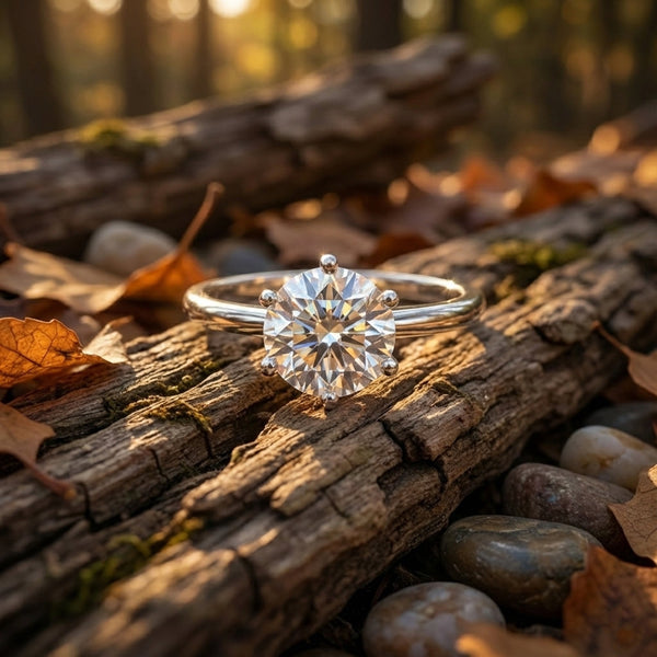Top view of round brilliant lab diamond ring showing four-prong vermeil setting