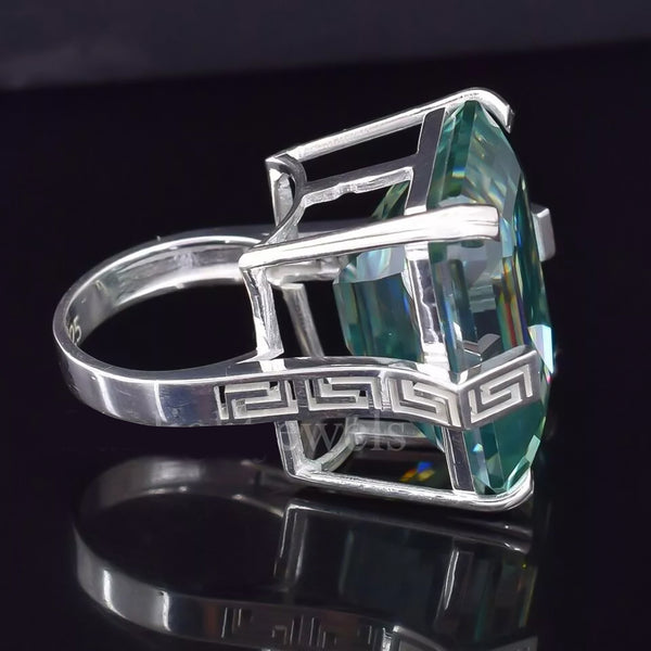 18.6 Ct Blue Moissanite Emerald Solitaire Ring - 925 Sterling Silver Gold Vermeil