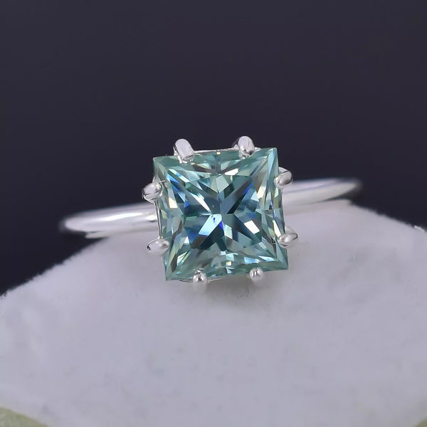 5.5 ct DEW Blue Moissanite Princess Solitaire Ring - 18K Gold Vermeil on 925 Sterling Silver