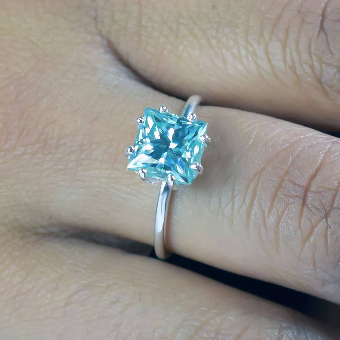 5.5 ct DEW Blue Moissanite Princess Solitaire Ring - 18K Gold Vermeil on 925 Sterling Silver