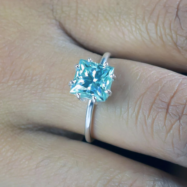 5.5 ct DEW Blue Moissanite Princess Solitaire Ring - 18K Gold Vermeil on 925 Sterling Silver