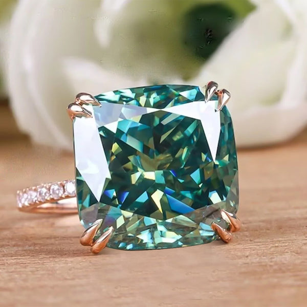 13.3 ct DEW Blue Moissanite Cushion Solitaire Ring - 18K Gold Vermeil on 925 Sterling Silver