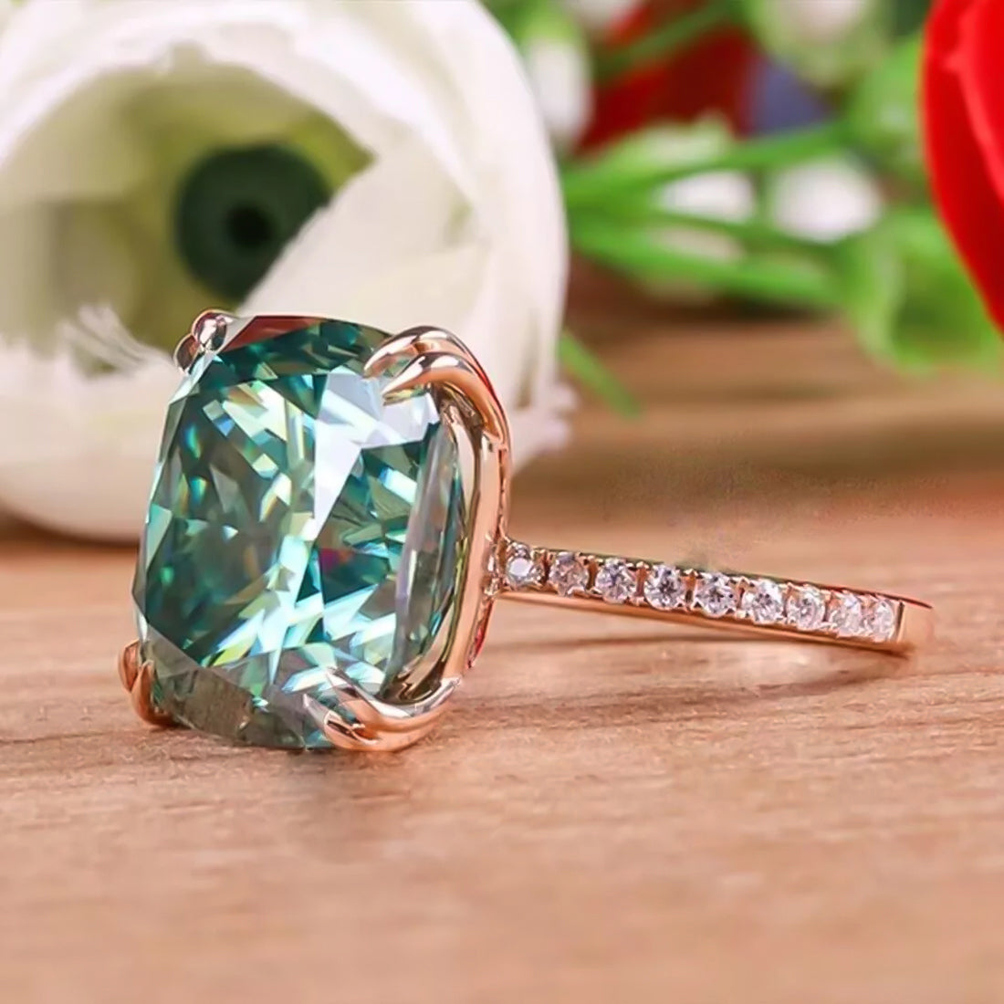 13.3 ct DEW Blue Moissanite Cushion Solitaire Ring - 18K Gold Vermeil on 925 Sterling Silver