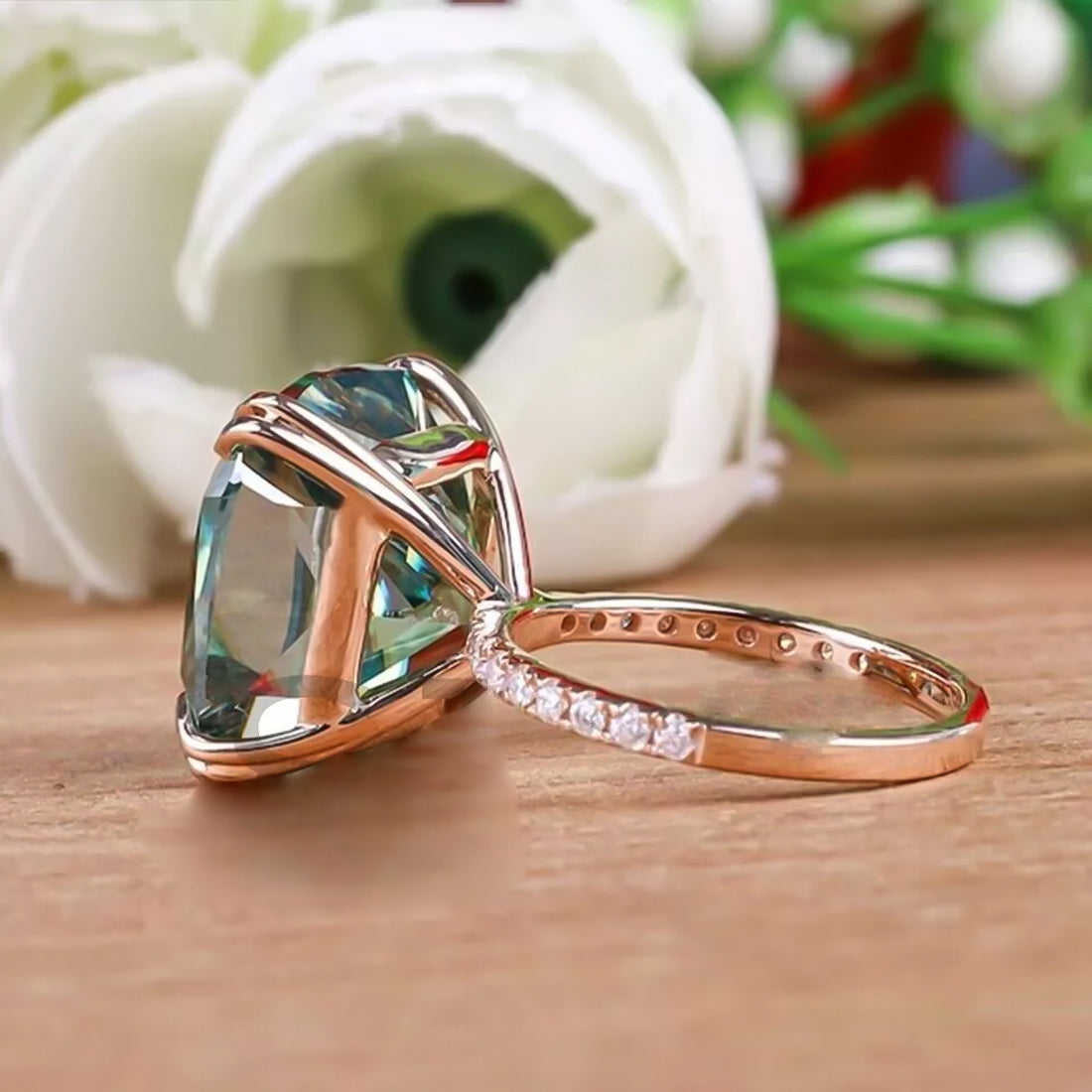 13.3 ct DEW Blue Moissanite Cushion Solitaire Ring - 18K Gold Vermeil on 925 Sterling Silver