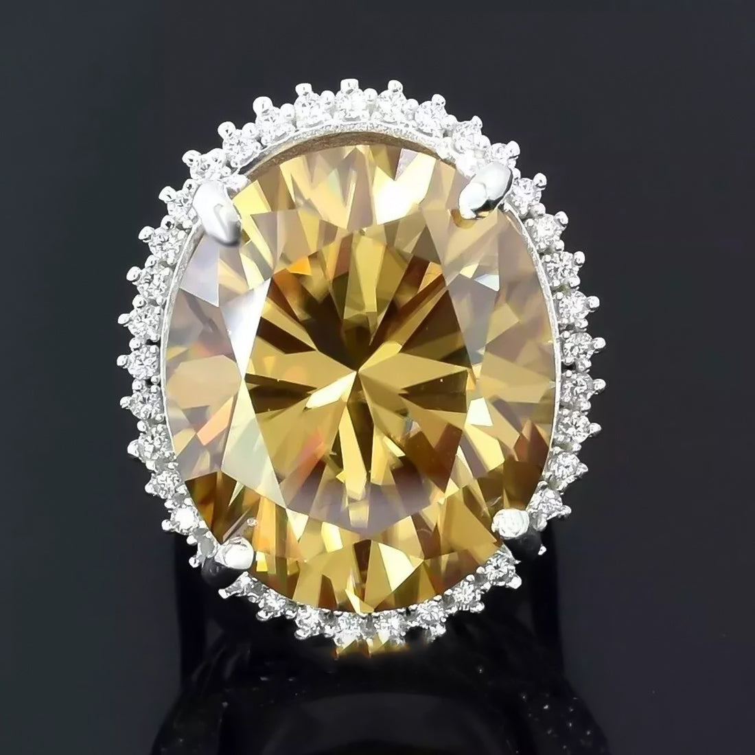 13.6 ct DEW Champagne Moissanite Oval Solitaire Ring - 18K Gold Vermeil on 925 Sterling Silver