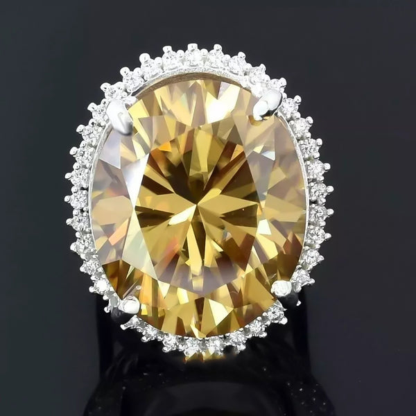 13.6 ct DEW Champagne Moissanite Oval Solitaire Ring - 18K Gold Vermeil on 925 Sterling Silver