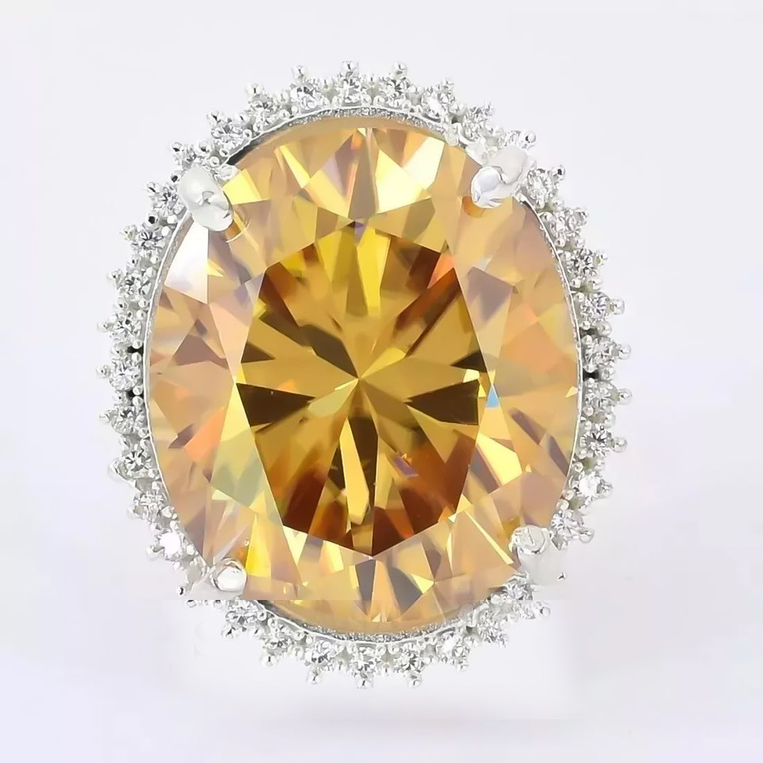 13.6 ct DEW Champagne Moissanite Oval Solitaire Ring - 18K Gold Vermeil on 925 Sterling Silver