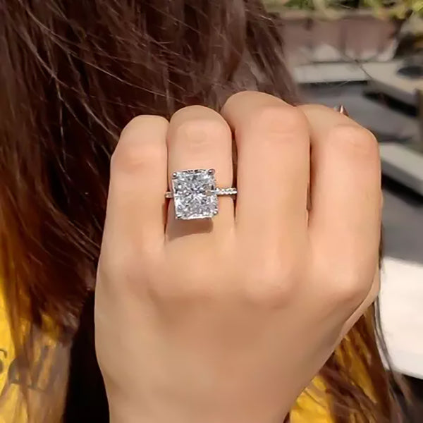 14.6 ct DEW White Moissanite Radiant Solitaire Ring - 18K Gold Vermeil on 925 Sterling Silver