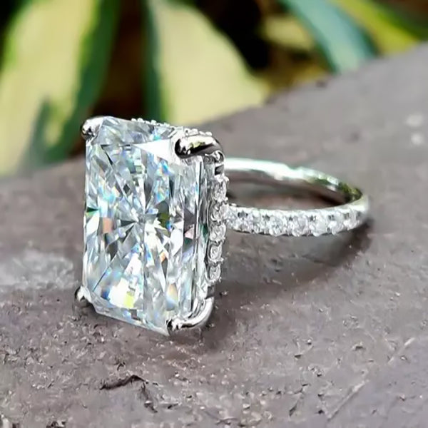 14.6 ct DEW White Moissanite Radiant Solitaire Ring - 18K Gold Vermeil on 925 Sterling Silver
