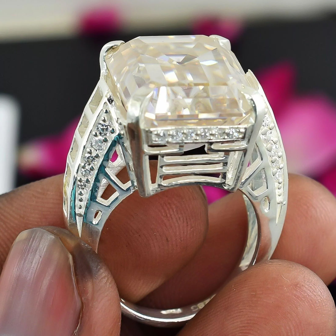 25.5 ct DEW White Moissanite Emerald Solitaire Ring - 18K Gold Vermeil on 925 Sterling Silver