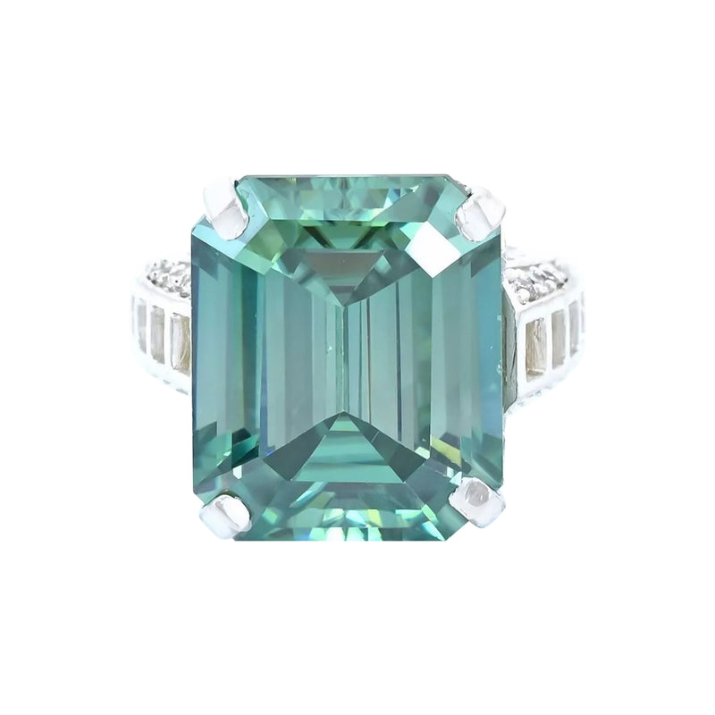 19.5 Ct Blue Moissanite Emerald Solitaire Ring - 925 Sterling Silver Gold Vermeil