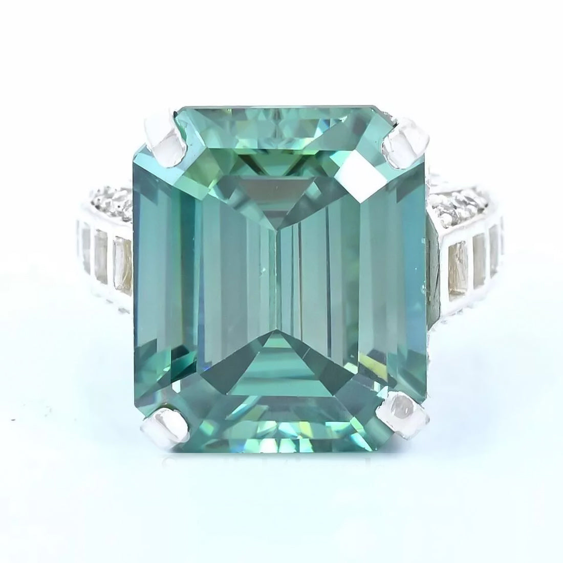 19.5ct DEW Blue Moissanite Emerald Solitaire Ring