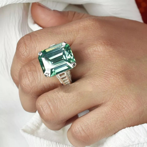 19.5ct DEW Blue Moissanite Emerald Solitaire Ring