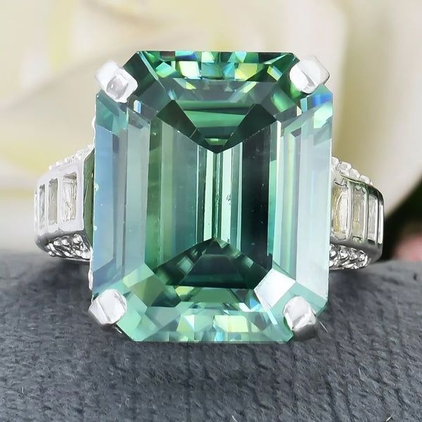 19.5ct DEW Blue Moissanite Emerald Solitaire Ring
