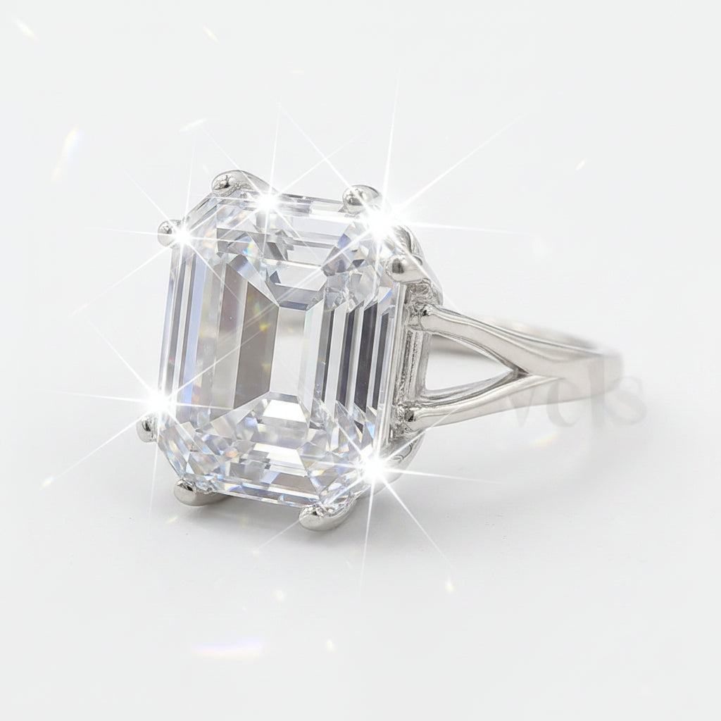 9.25 ct DEW White Moissanite Emerald Solitaire Ring - 18K Gold Vermeil on 925 Sterling Silver