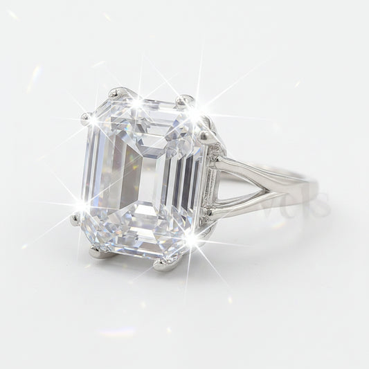 9.25 ct DEW White Moissanite Emerald Solitaire Ring - 18K Gold Vermeil on 925 Sterling Silver