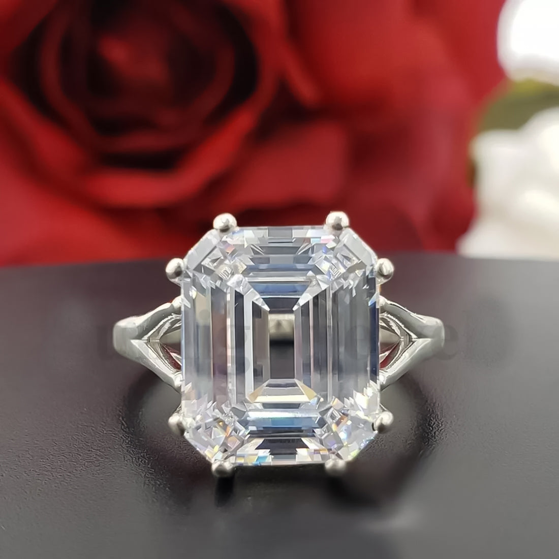9.25 ct DEW White Moissanite Emerald Solitaire Ring - 18K Gold Vermeil on 925 Sterling Silver