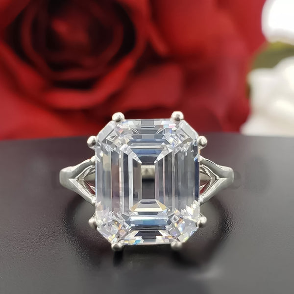 9.25 ct DEW White Moissanite Emerald Solitaire Ring - 18K Gold Vermeil on 925 Sterling Silver