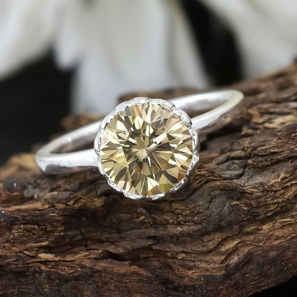 4.25 ct DEW Round Brilliant Cut Certified Champagne Moissanite Ring 18K Gold Plated Ver 18K Gold Plated