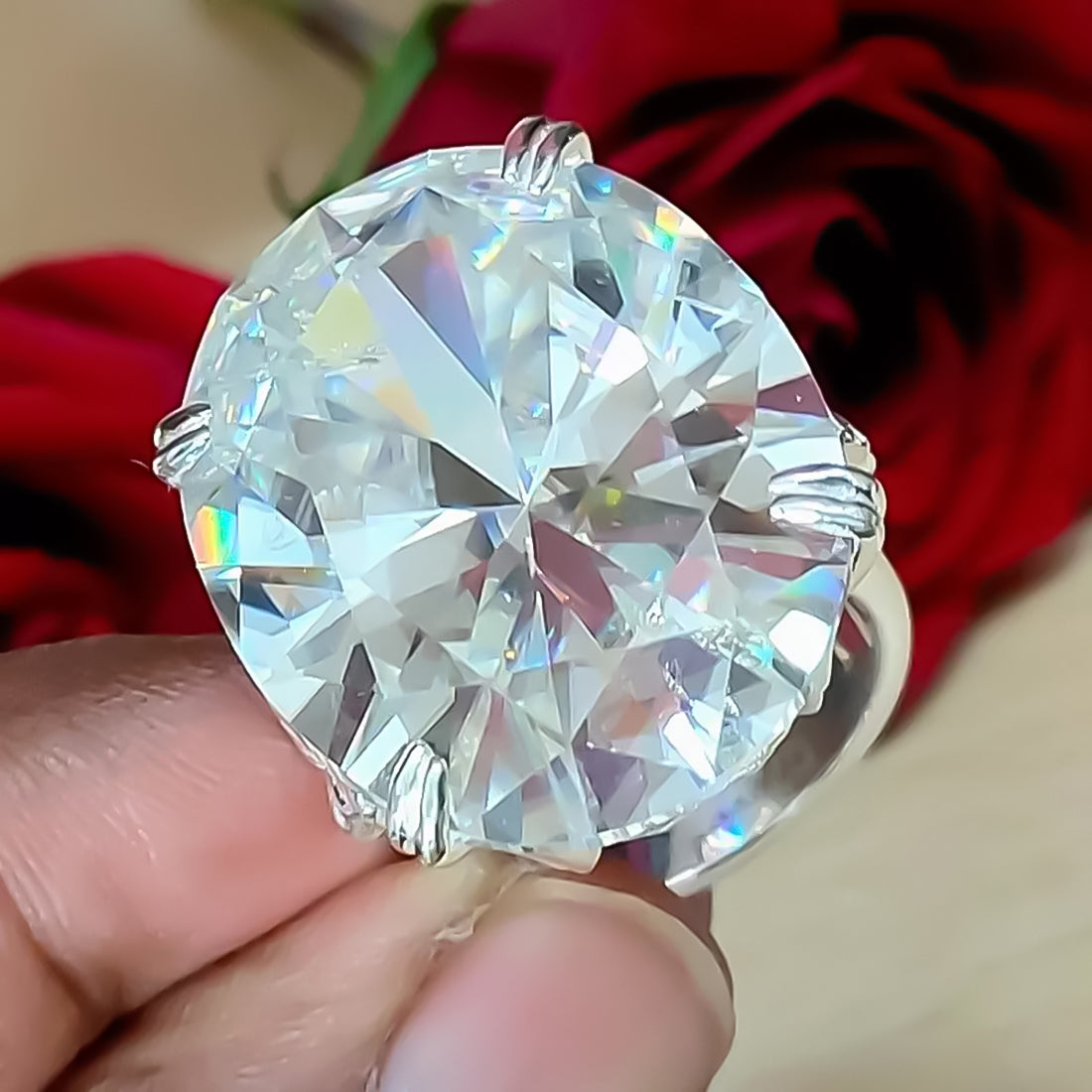 Certified 11.30 Ct Oval Cut White Moissanite Solitaire Ring In 18K Gold Plated Verm 18K Gold Plated
