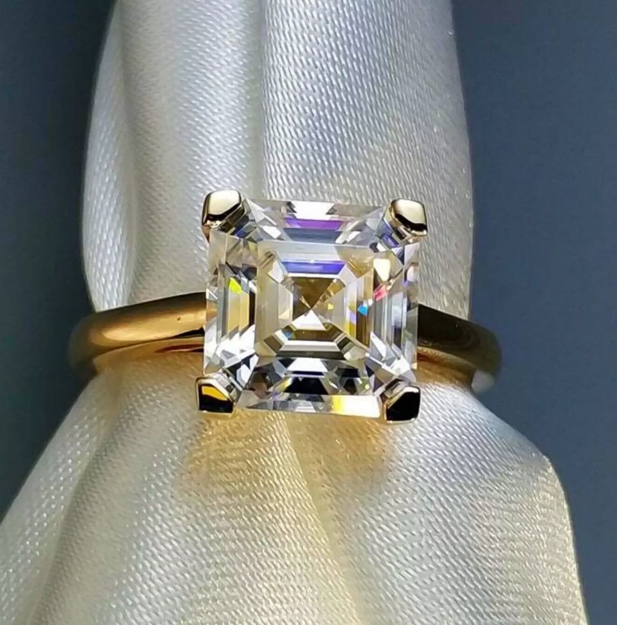 3.70 Ct Certified White Moissanite Asscher Cut Solitaire Rings 18K Gold Plated Verm 18K Gold Plated