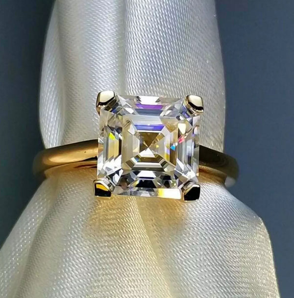 3.70 Ct Certified White Moissanite Asscher Cut Solitaire Rings 18K Gold Plated Verm 18K Gold Plated