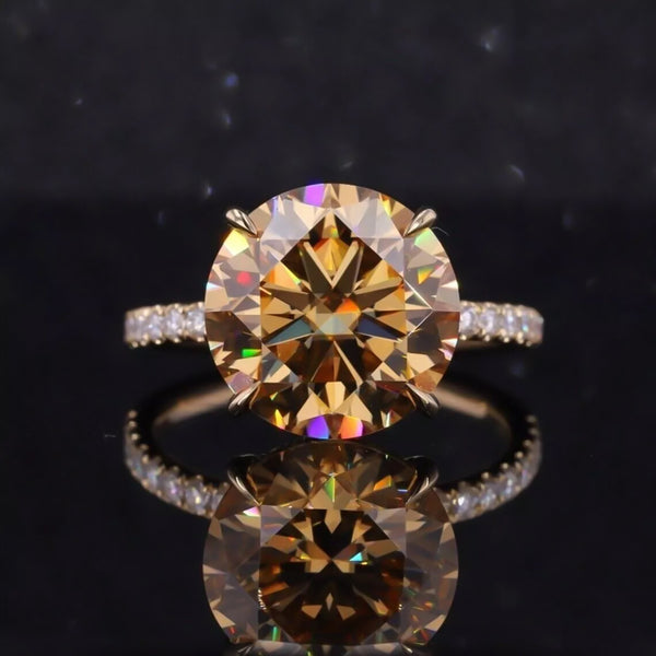 4 ct DEW Certified Round Cut Champagne Moissanite Ring With Accents Wedding 18K Gold Plated