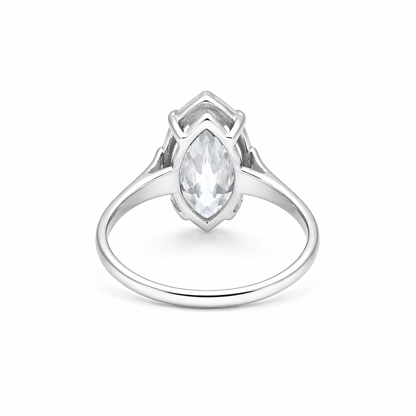 Close-up of marquise cut lab diamond, VS1 clarity, full crown and pavilion