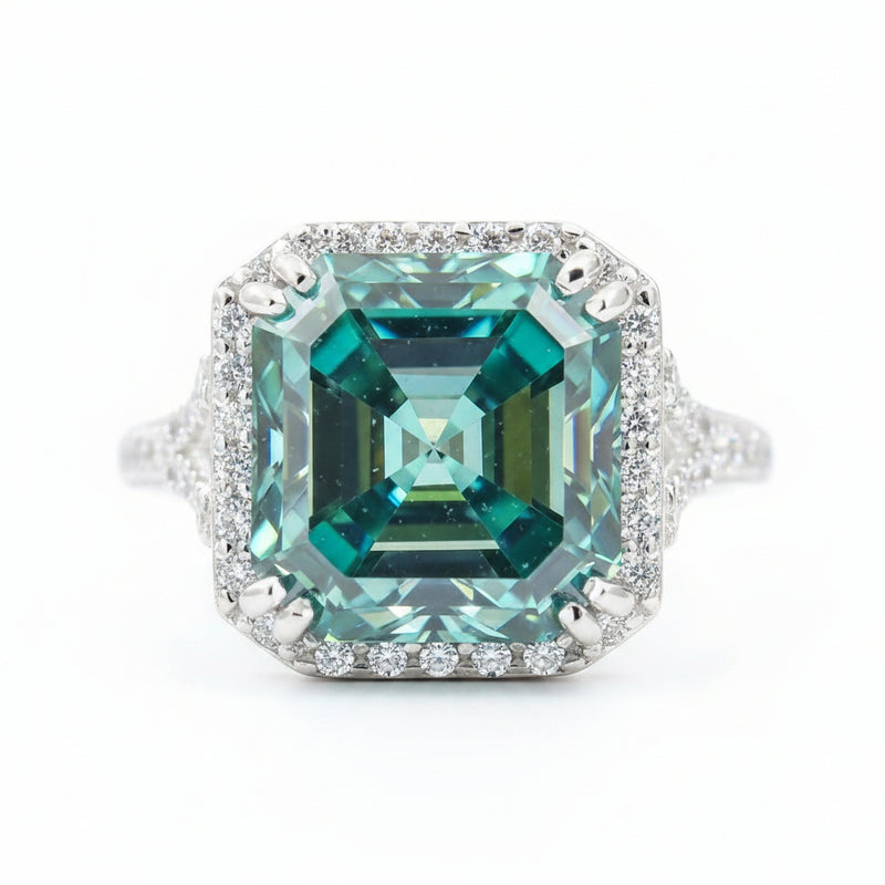 8.7 Ct Blue Moissanite Asscher Solitaire Ring - 925 Sterling Silver Gold Vermeil